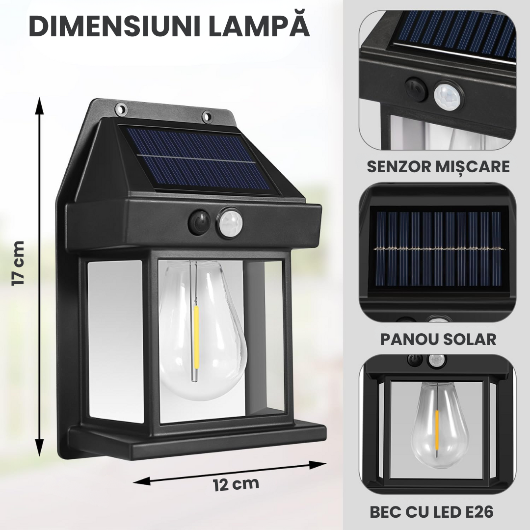 Set Două Lămpi Solare Cu Bec Retro (LED) Și Senzor De Mișcare