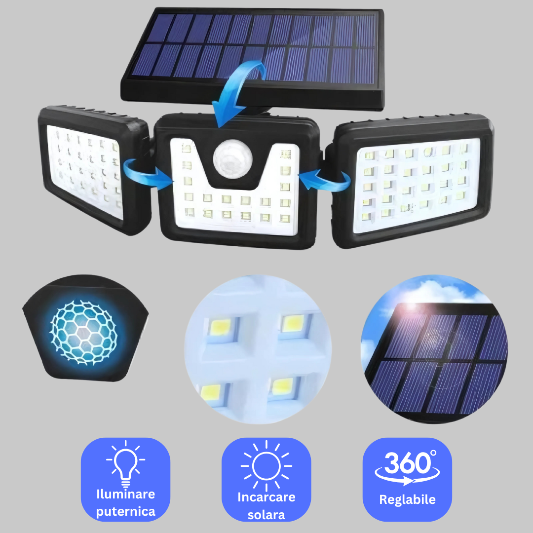 Lampa Solara 70 Led-uri cu 3 Capete Reglabile