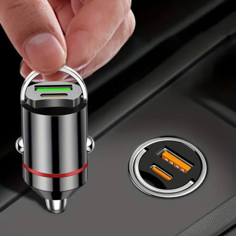 Încărcător auto USB + Type-C 30W, Fast Charge QC 3.0, negru