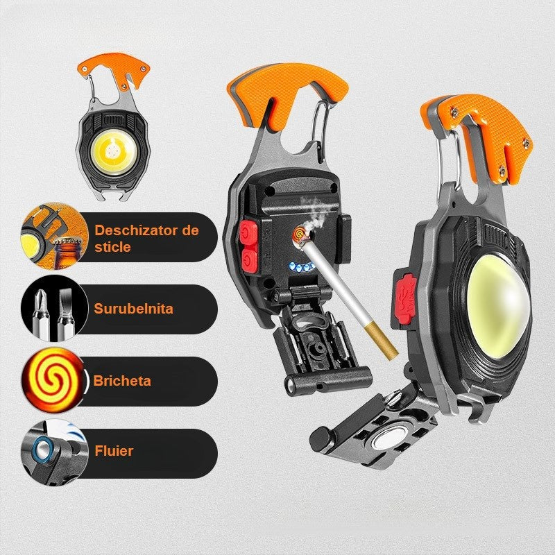 Breloc multifuncțional kit supraviețuire cu lanternă, brichetă și fluier USB