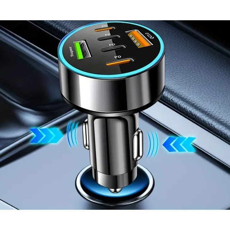 Încărcător Auto 6 în 1 Negru cu 2 x USB QC3.0 și 4 x Type-C PD 65W – Fast Charge Multiport