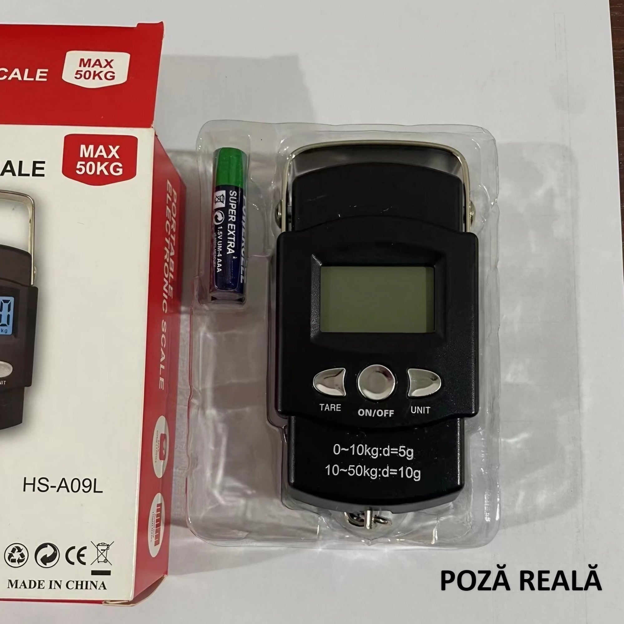 Cântar digital de mână cu cârlig și metru incorporat – portabil, capacitate 50 kg, design compact și practic