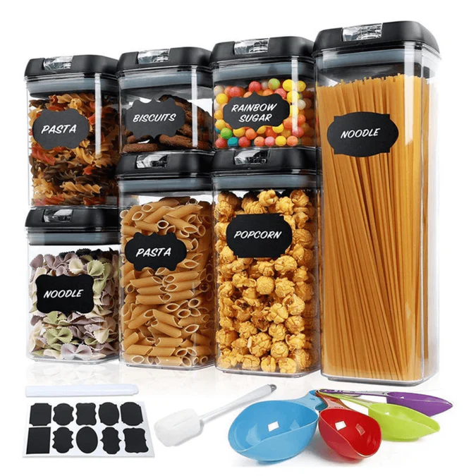 Set 7 Recipiente Organizare Alimente cu Inchidere Etansa si Etichete Reutilizabile – 4 Dimensiuni, Plastic Transparent Dur