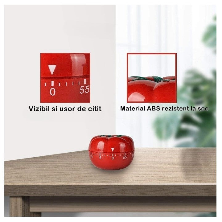 Cronometru mecanic de bucătărie 60 minute – formă de roșie, roșu, design retro