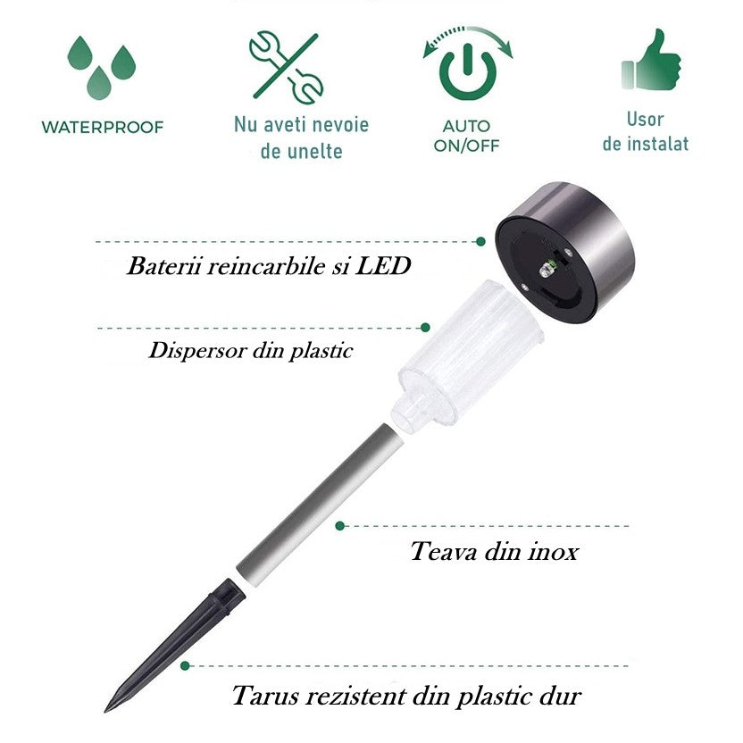 Lampă solară LED de grădină din inox – 29 cm, exterior, cu dispersor luminos