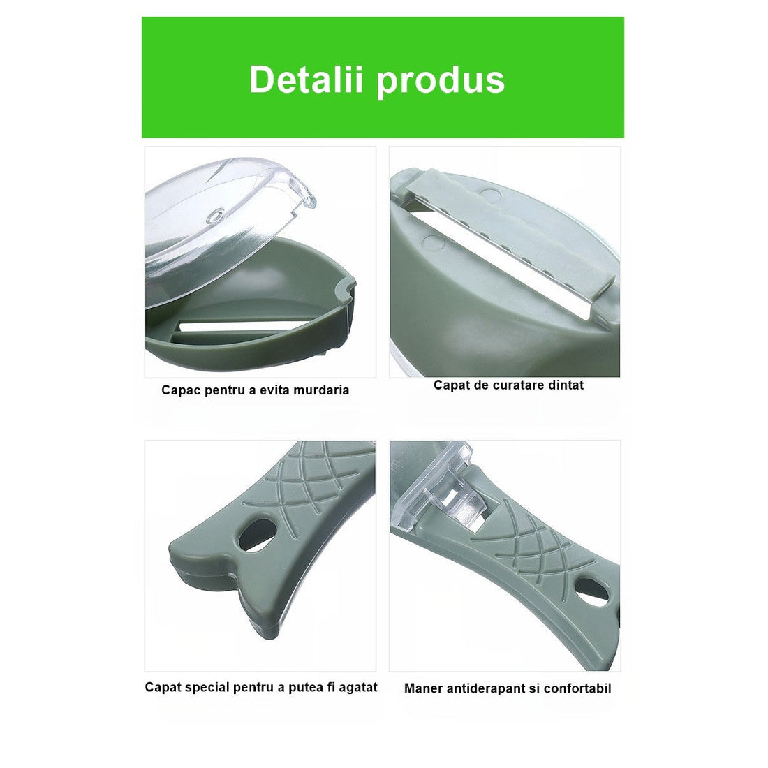 Curățător manual solzi pește cu recipient și capac – ustensilă practică din plastic verde deschis