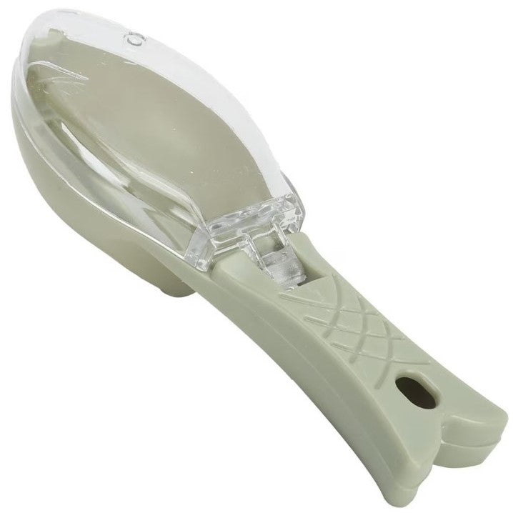 Curățător manual solzi pește cu recipient și capac – ustensilă practică din plastic verde deschis