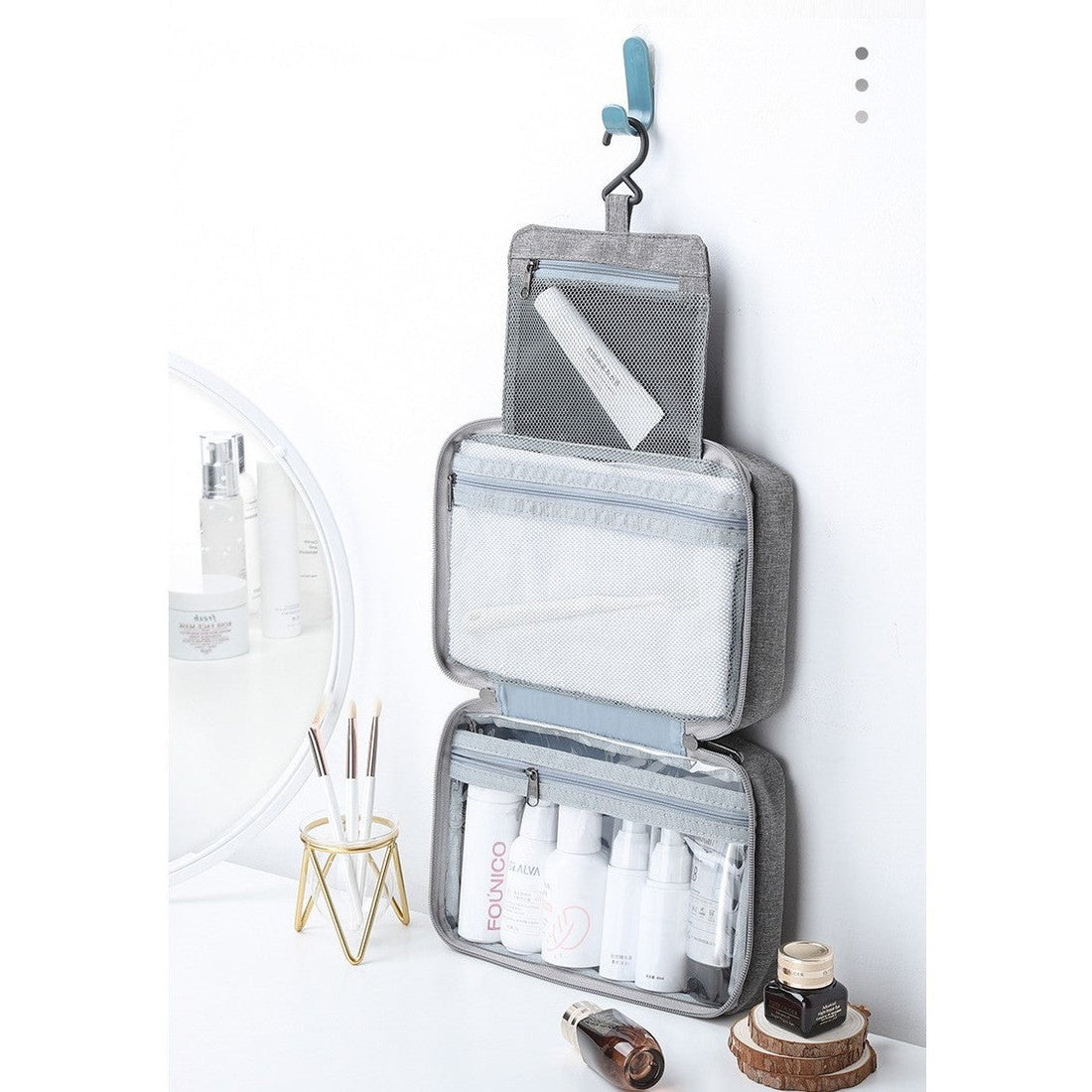 Geantă cosmetică de voiaj impermeabilă, textil gri 12,5×9×22 cm – organizator compact