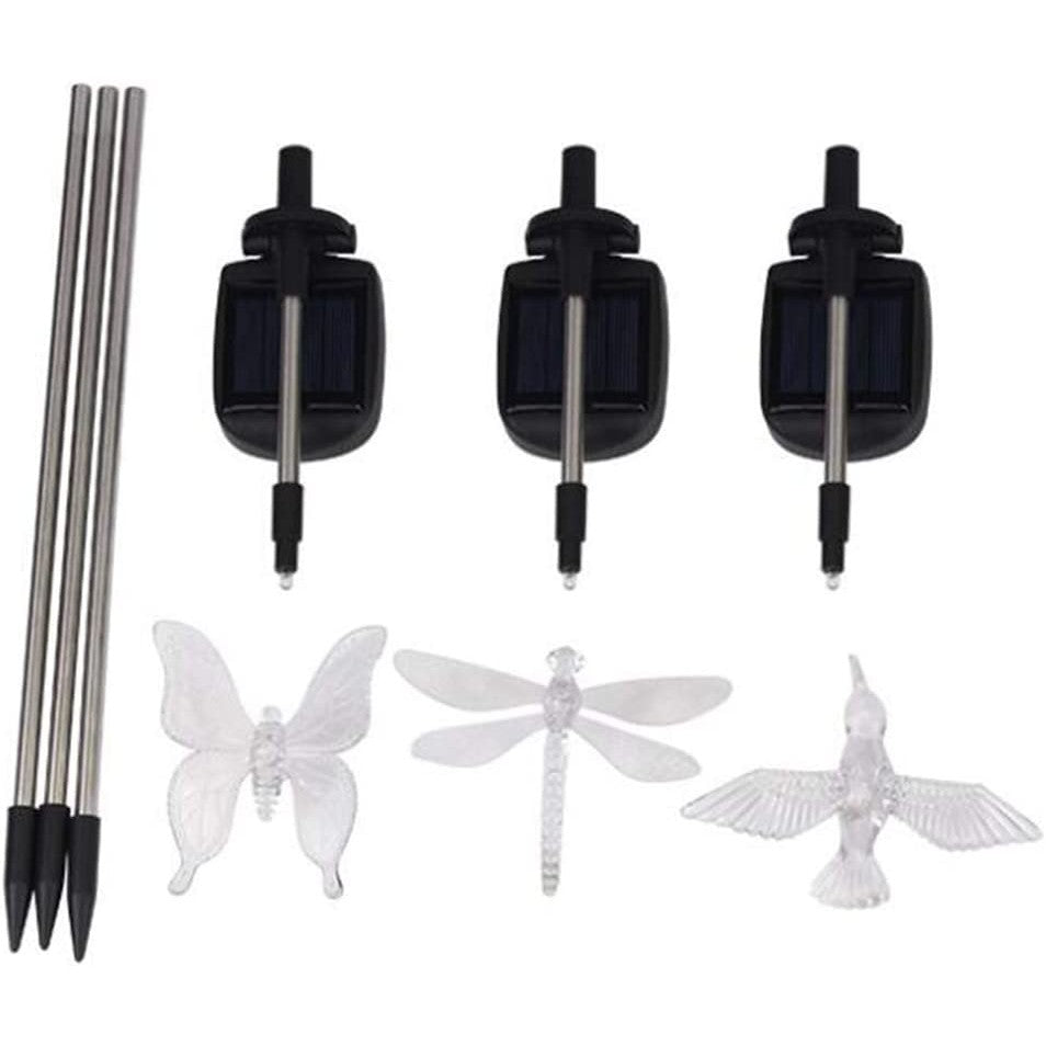 Set 3 lampi solare LED decorative, modele pasăre, fluture și libelulă, 43 cm