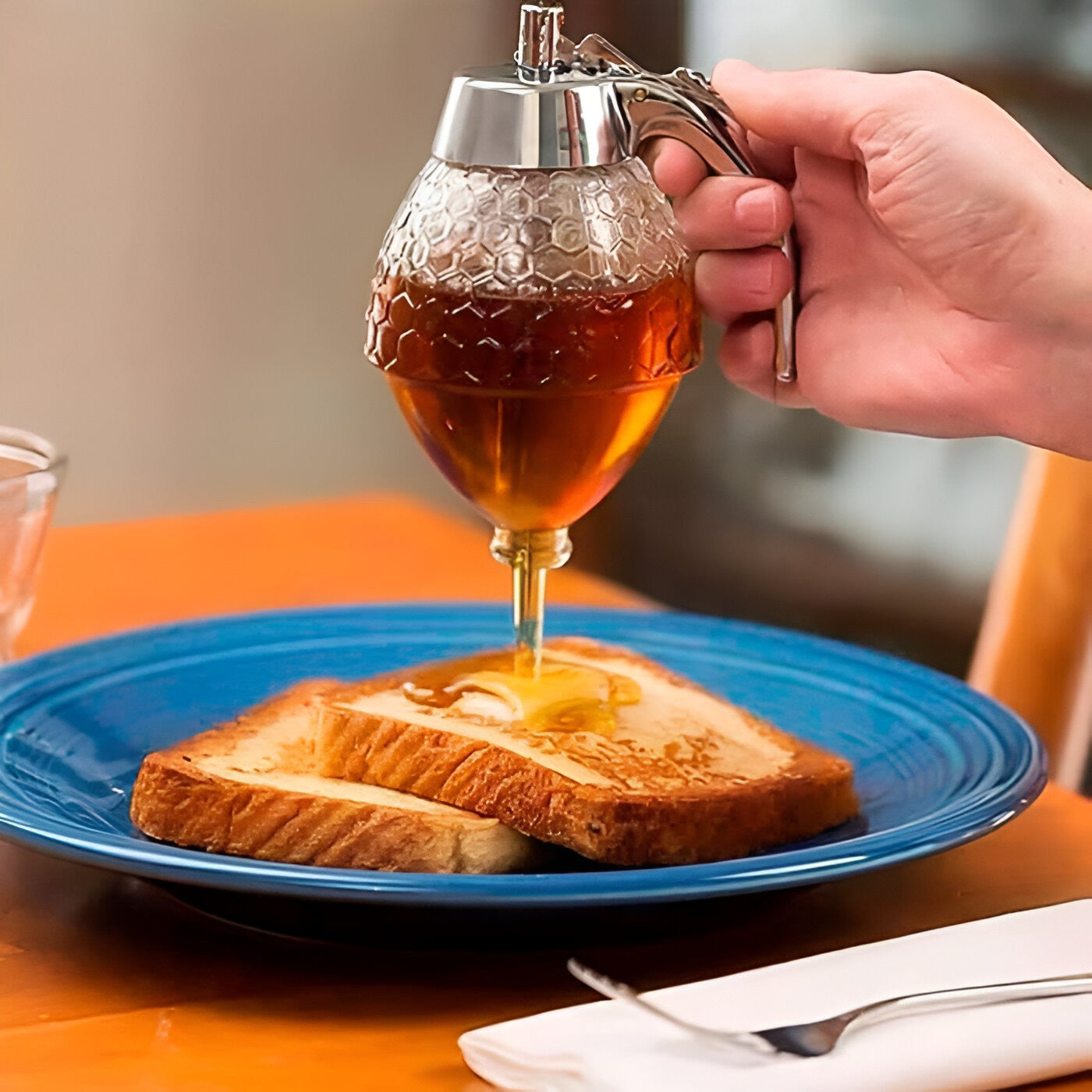 Dozator miere și sirop fără picurare, borcan tip fagure – dispenser etanș și practic