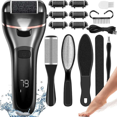 Pila electrica pentru talpi si calcaie, Display Digital, Led, Acumulator 1200 mAh, Incarcare USB, Impermeabil, 3 role, 2000 rpm, Accesorii incluse pentru Indepartare piele moarta, Indepartare calus, Negru