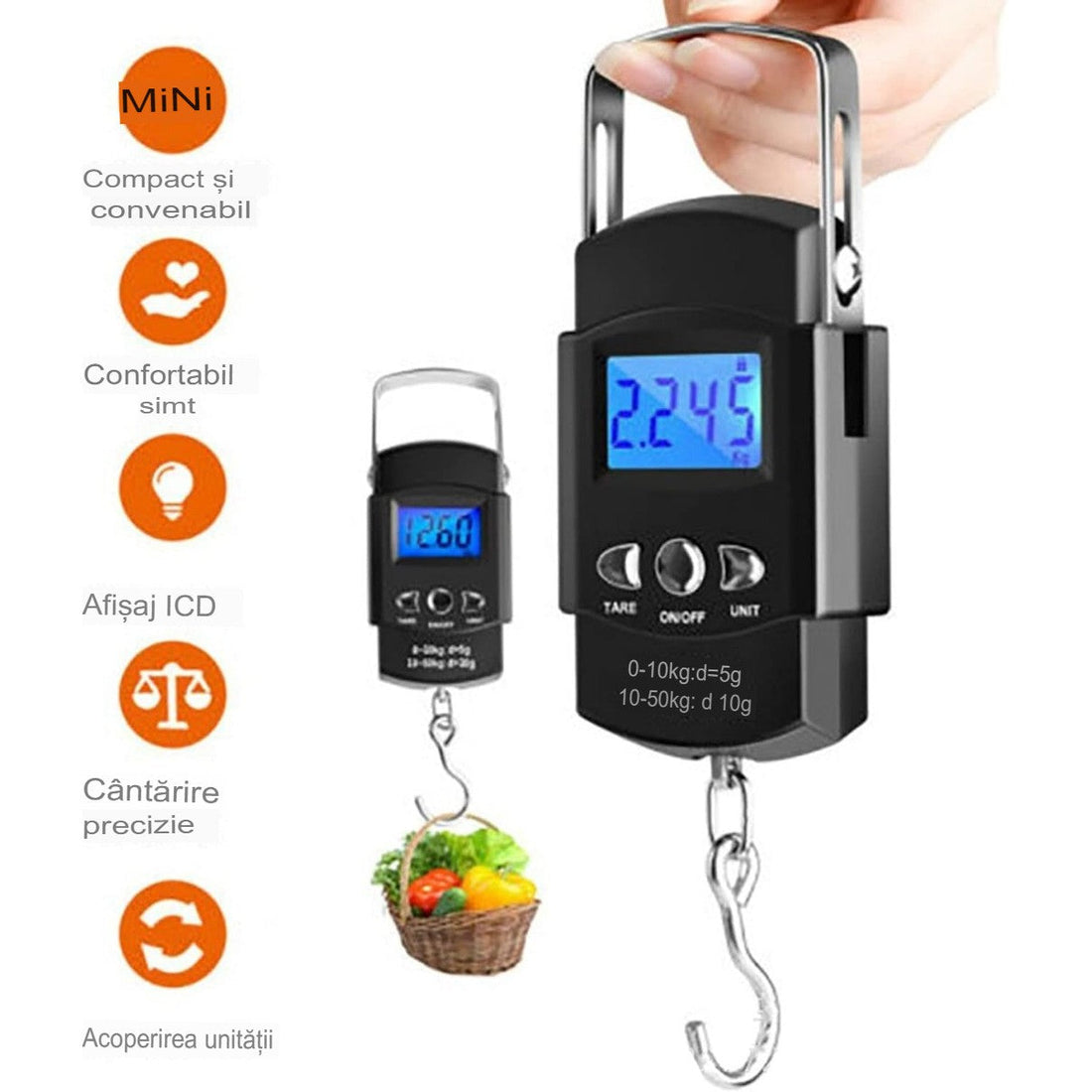 Cântar digital de mână cu cârlig și metru incorporat – portabil, capacitate 50 kg, design compact și practic