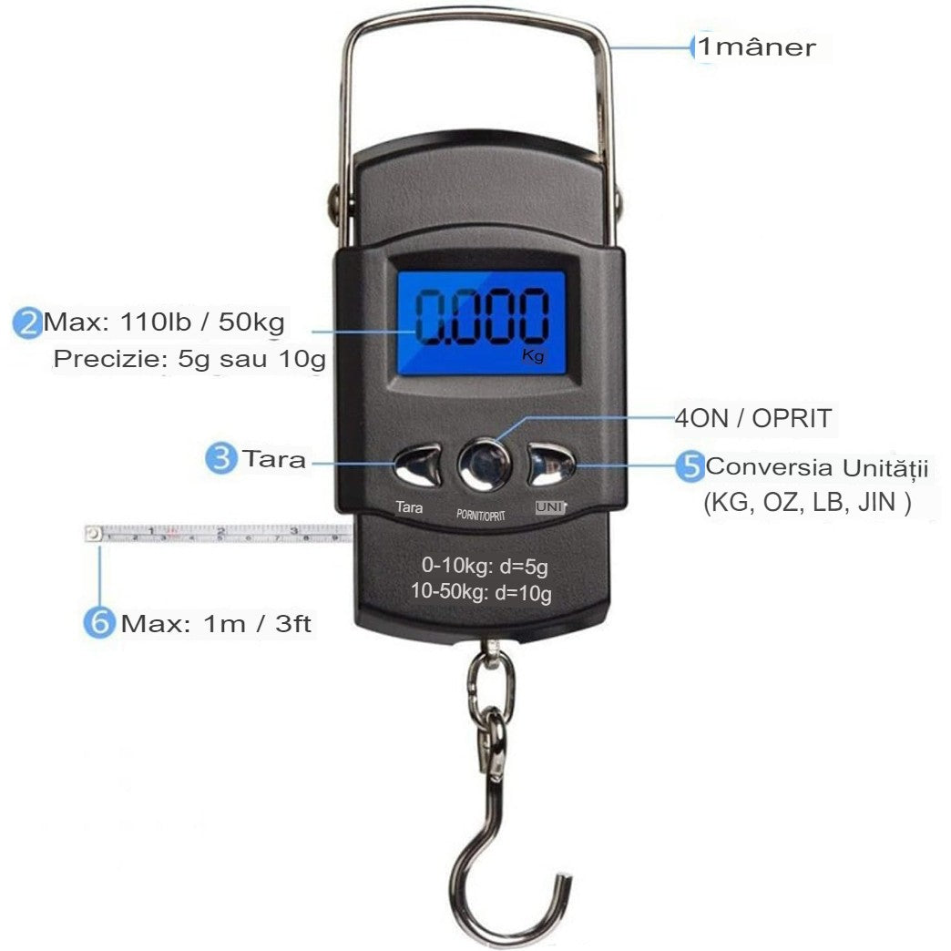 Cântar digital de mână cu cârlig și metru incorporat – portabil, capacitate 50 kg, design compact și practic
