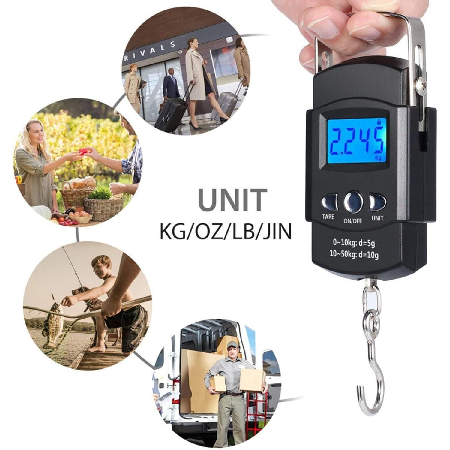Cântar digital de mână cu cârlig și metru incorporat – portabil, capacitate 50 kg, design compact și practic