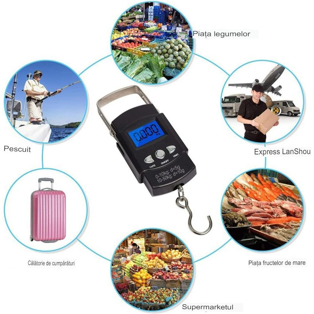 Cântar digital de mână cu cârlig și metru incorporat – portabil, capacitate 50 kg, design compact și practic