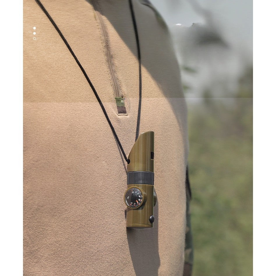 Kit supraviețuire 7‑în‑1 pentru drumeții – fluier, busolă, lupă, termometru, dozator pastile