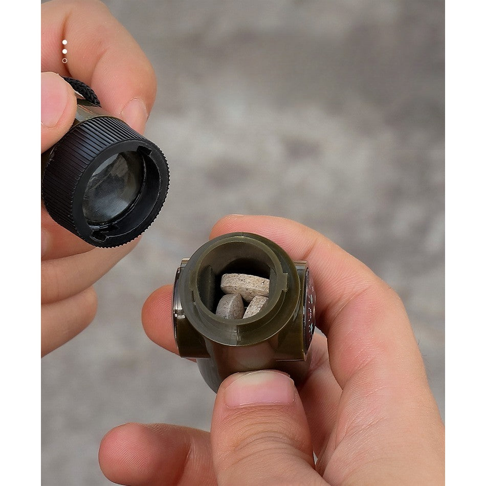 Kit supraviețuire 7‑în‑1 pentru drumeții – fluier, busolă, lupă, termometru, dozator pastile