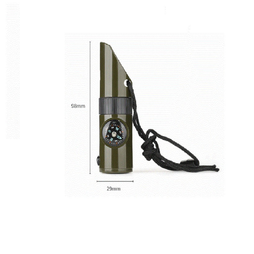 Kit supraviețuire 7‑în‑1 pentru drumeții – fluier, busolă, lupă, termometru, dozator pastile