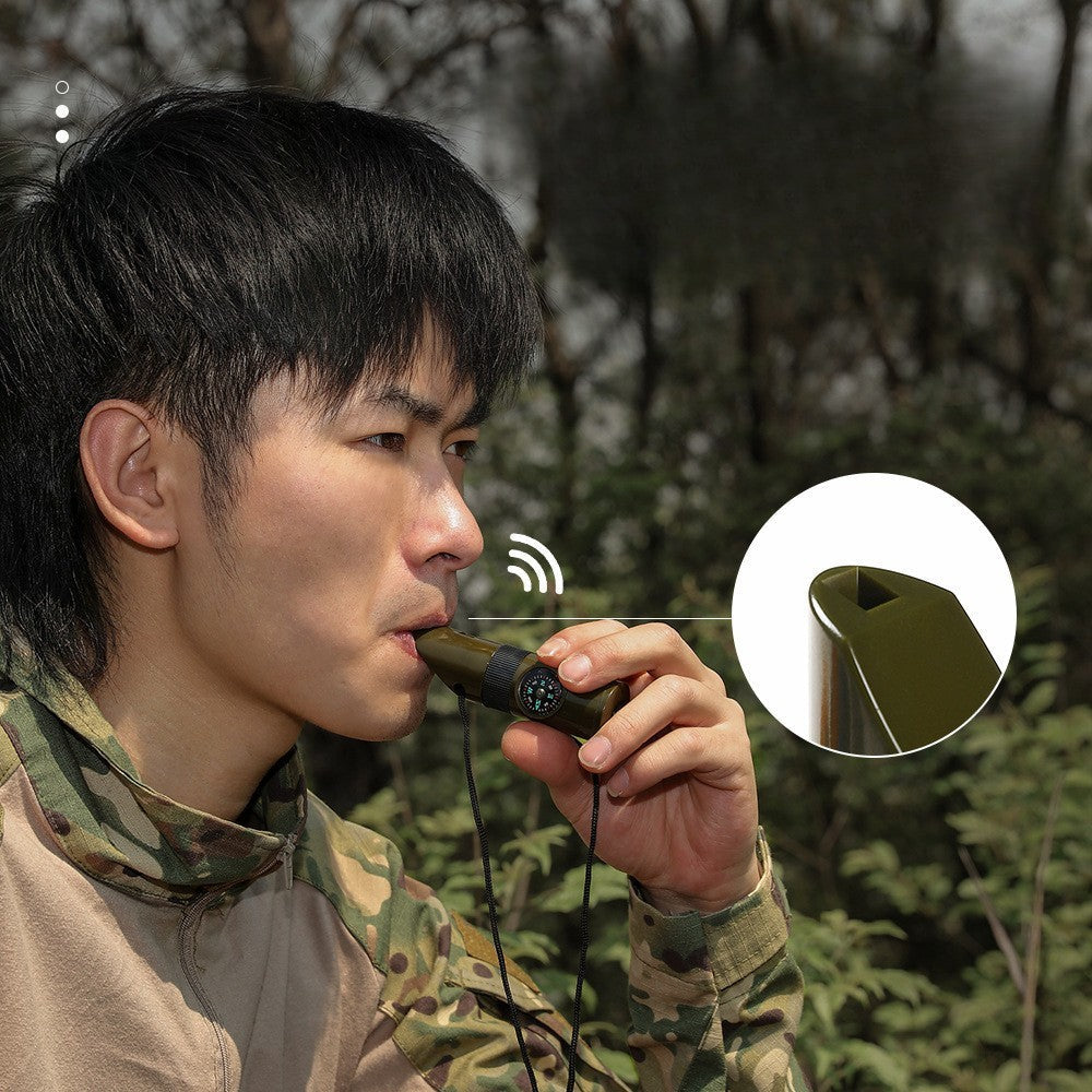 Kit supraviețuire 7‑în‑1 pentru drumeții – fluier, busolă, lupă, termometru, dozator pastile