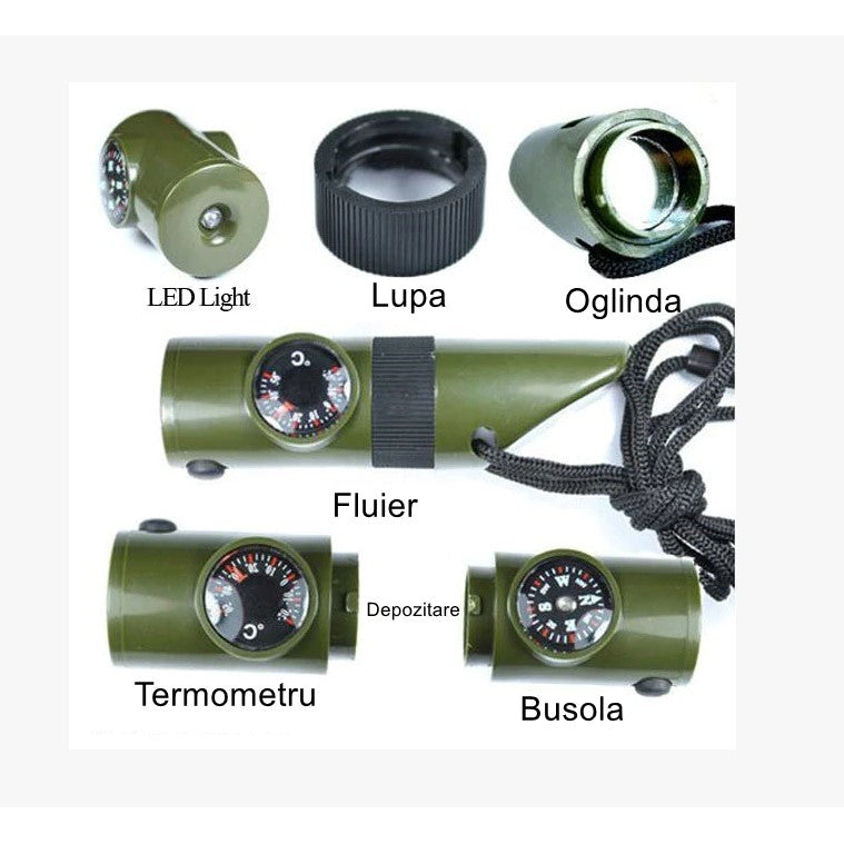 Kit supraviețuire 7‑în‑1 pentru drumeții – fluier, busolă, lupă, termometru, dozator pastile