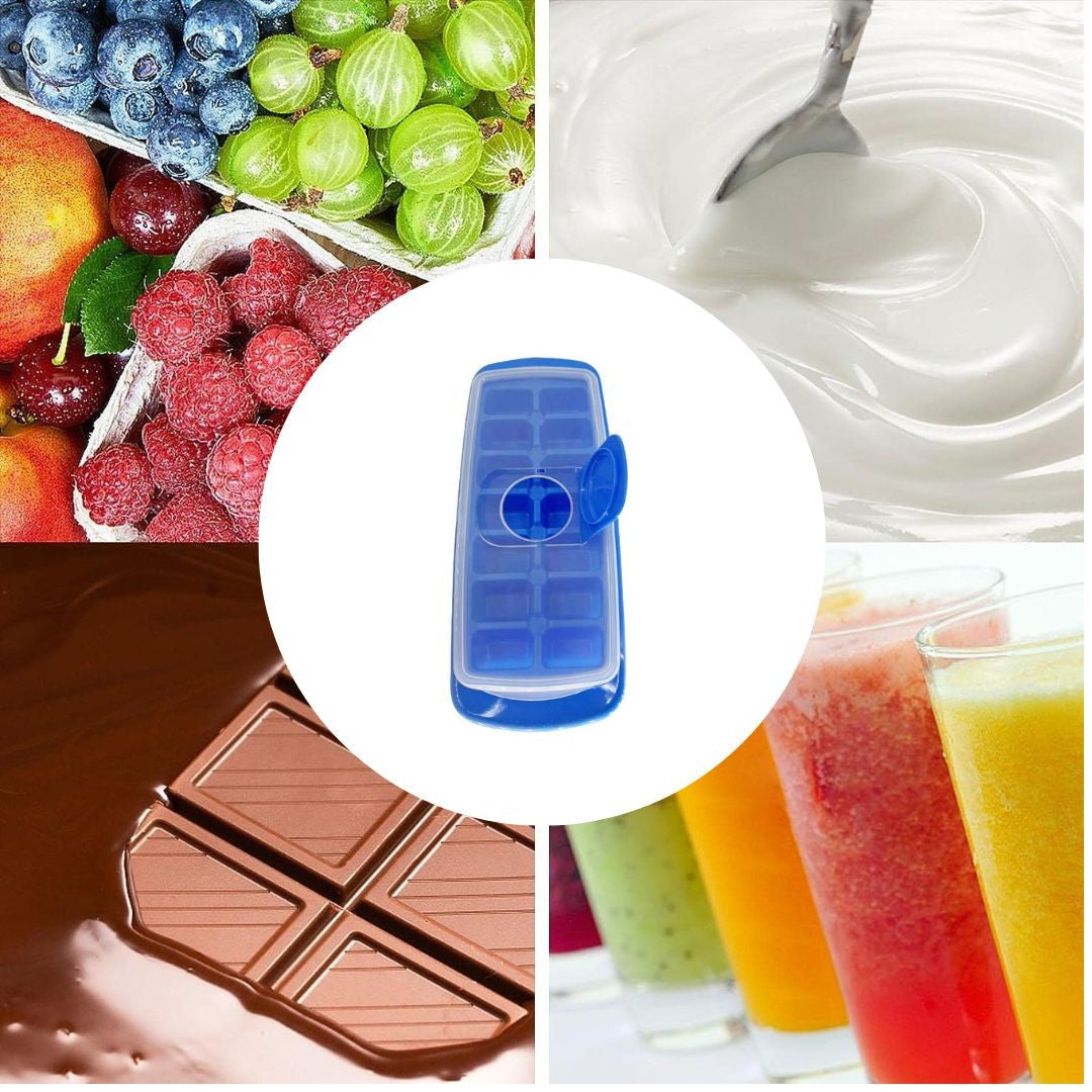 Formă cuburi de gheață 14 bucăți cu capac, plastic alimentară, albastru