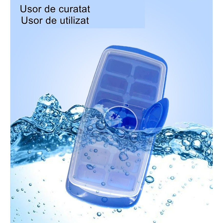 Formă cuburi de gheață 14 bucăți cu capac, plastic alimentară, albastru