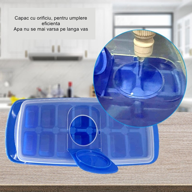 Formă cuburi de gheață 14 bucăți cu capac, plastic alimentară, albastru