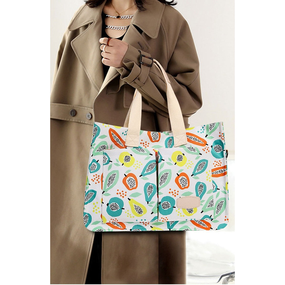 Geantă multifunctională de mână/umăr, imprimeu fructe, 33,5×25×14,5 cm, textil multicolor