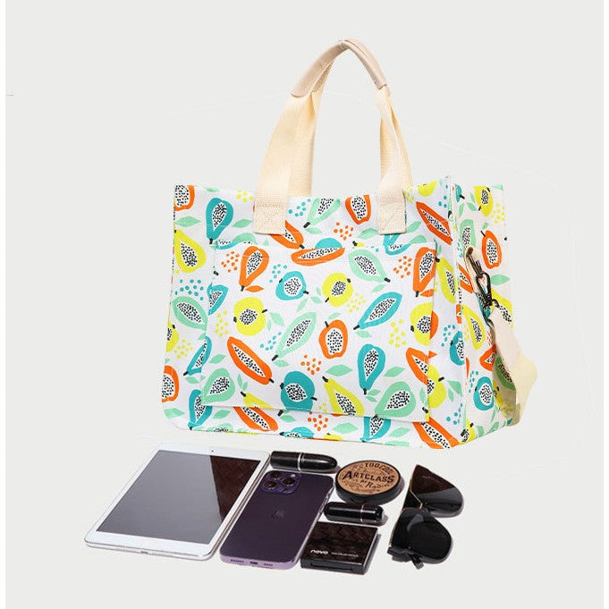 Geantă multifunctională de mână/umăr, imprimeu fructe, 33,5×25×14,5 cm, textil multicolor