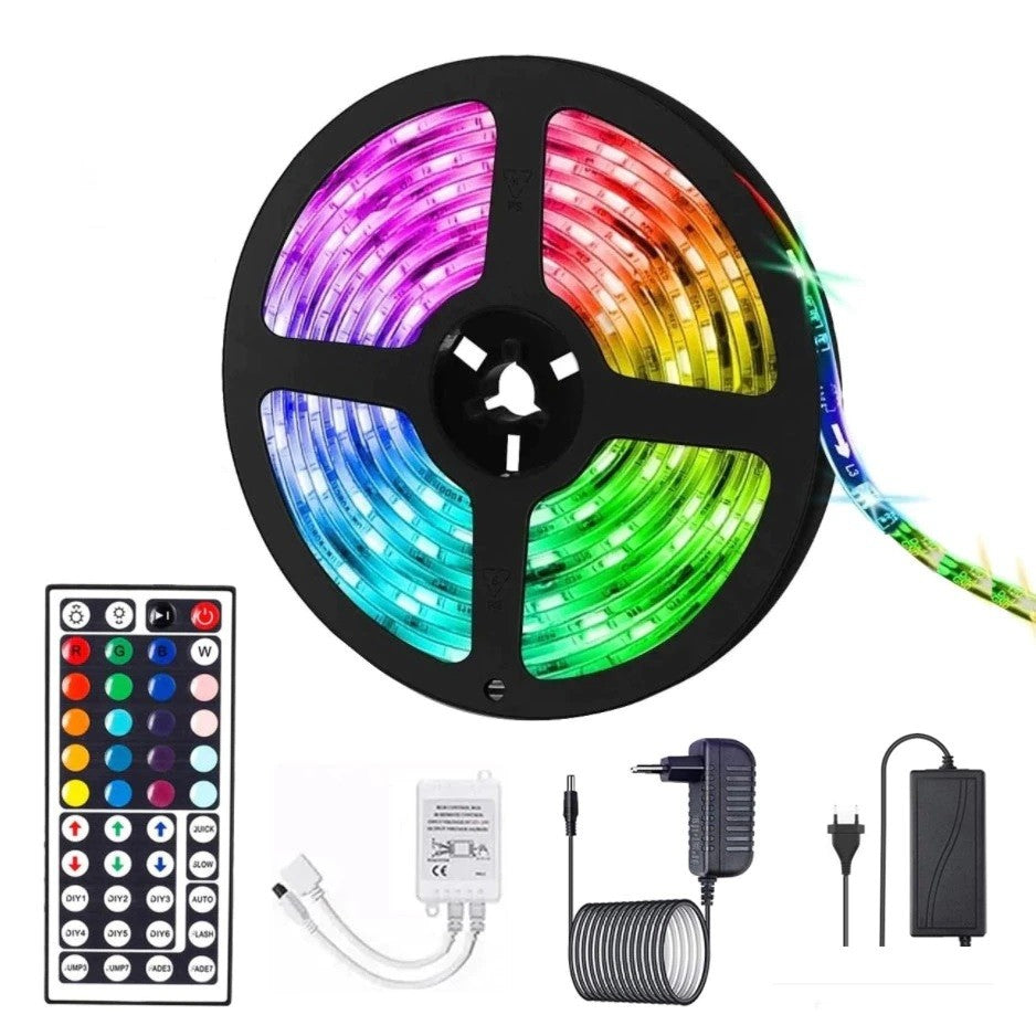 Kit bandă LED RGB 5m cu 270 LED-uri SMD 5050, telecomandă 44 taste și transformator, IP65