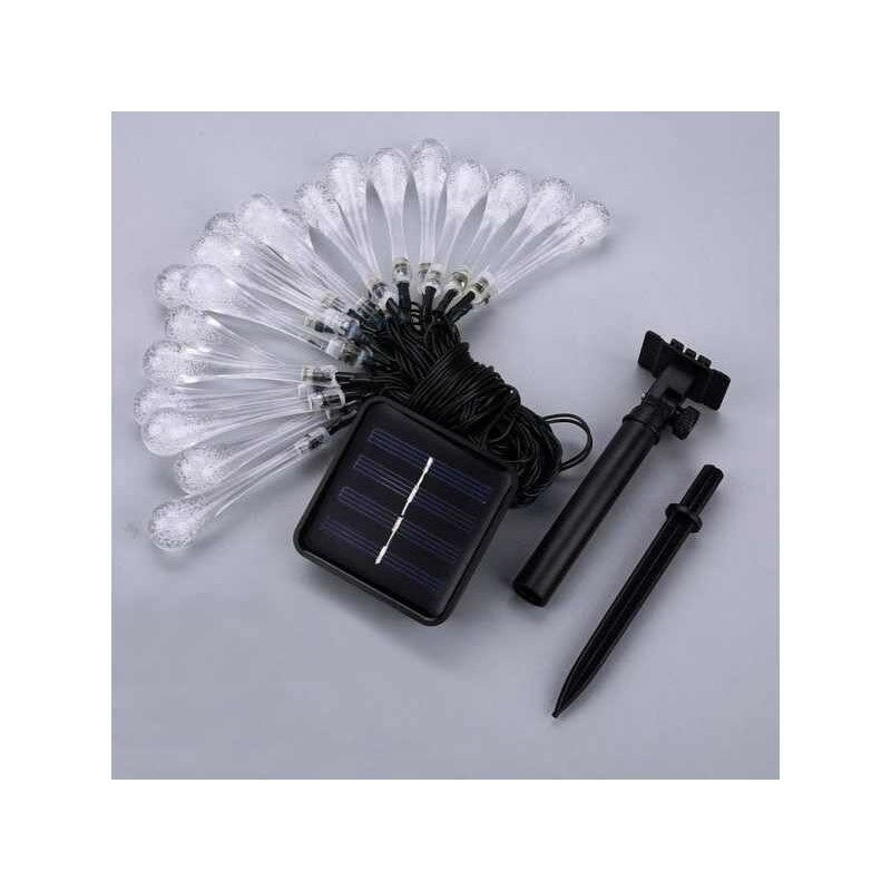 Instalație solară cu 28 LED-uri tip picătură, 6 metri – lumini albe reci, fir negru