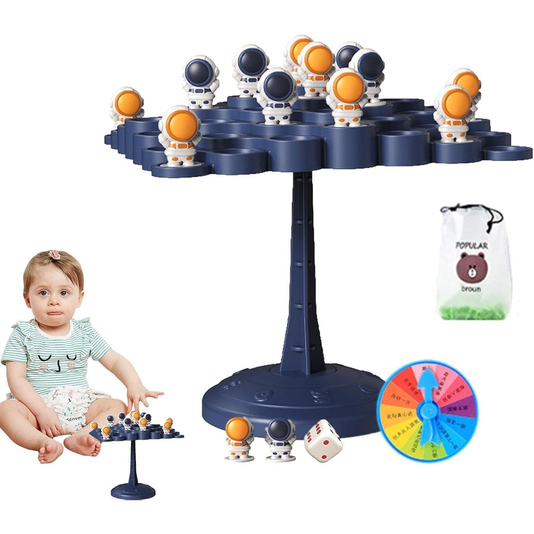 Joc interactiv echilibru cu astronauți – 50 pioni, roată cu pedepse și zar, pentru copii 3+