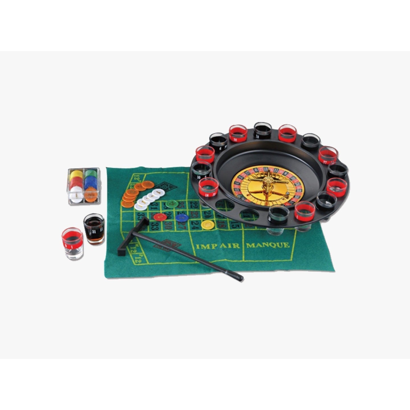 Joc ruletă cu pahare de shot și planșă blackjack – set de petrecere multicolor