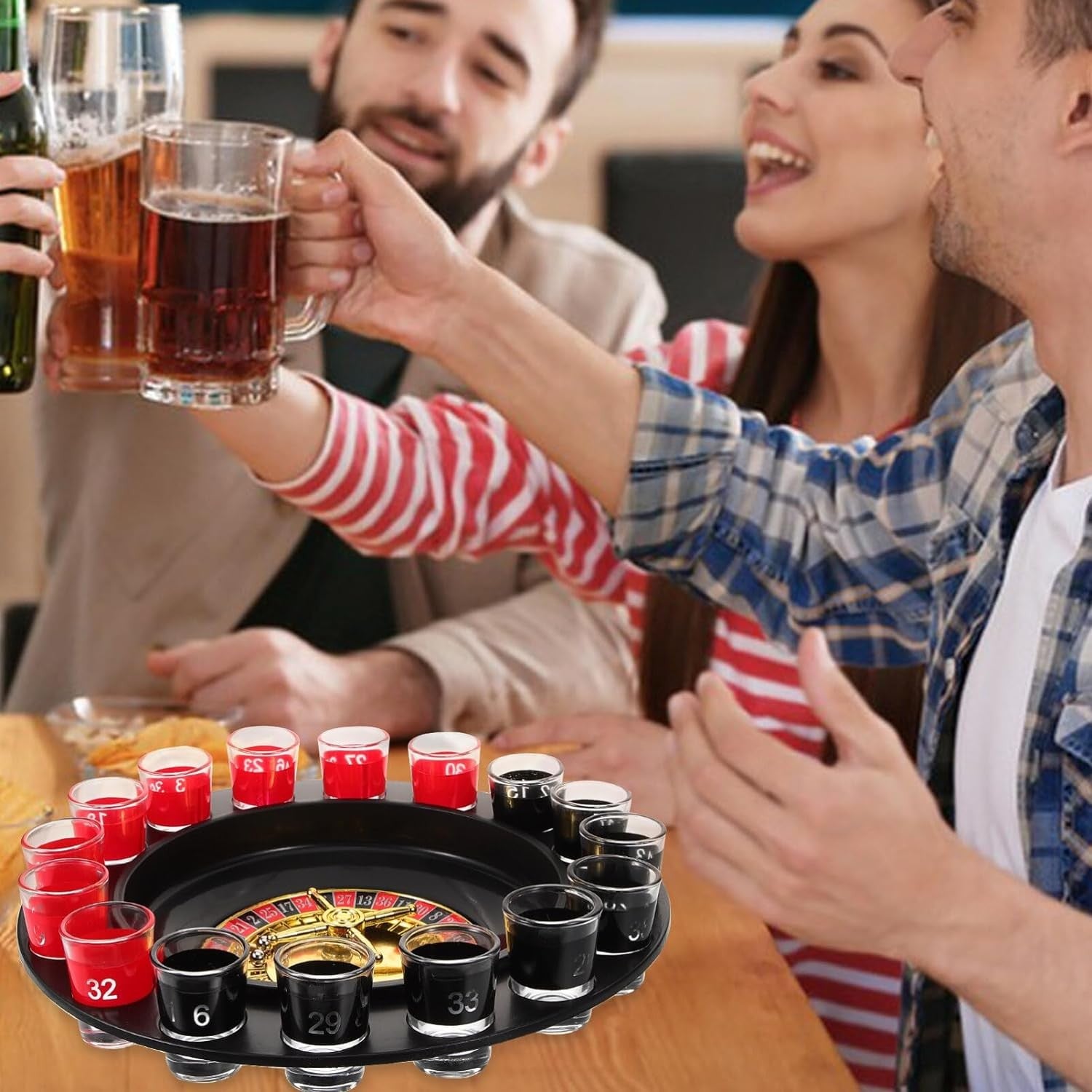 Joc ruletă cu pahare de shot și planșă blackjack – set de petrecere multicolor