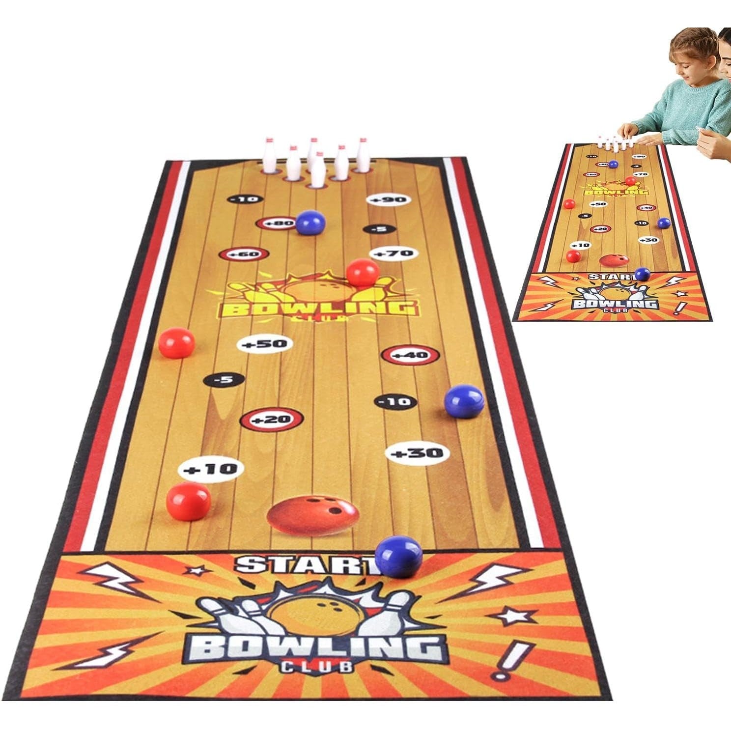Covor de bowling interactiv 90 × 20 cm cu 6 mingi și 6 popice – joc indoor/outdoor 5+ ani
