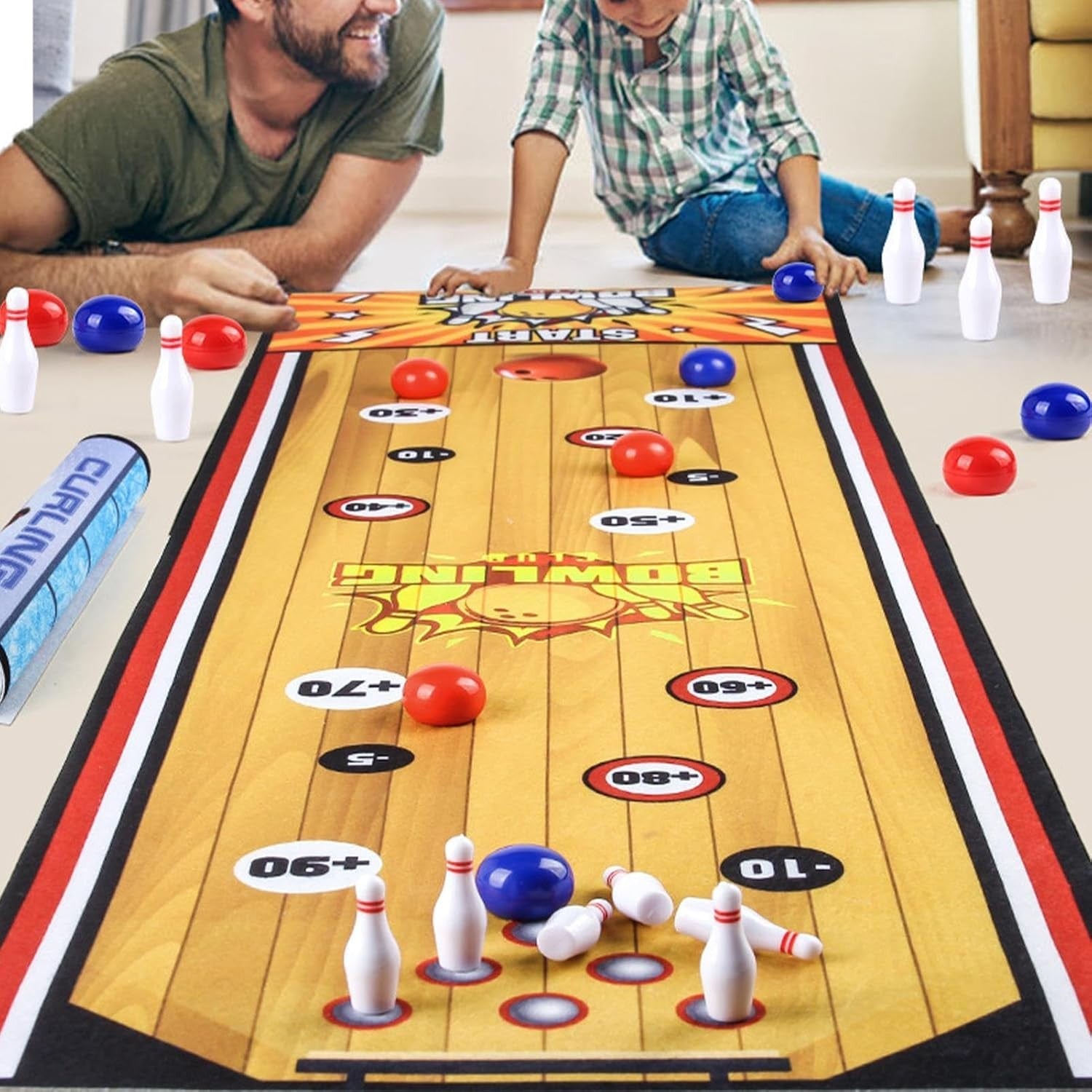 Covor de bowling interactiv 90 × 20 cm cu 6 mingi și 6 popice – joc indoor/outdoor 5+ ani