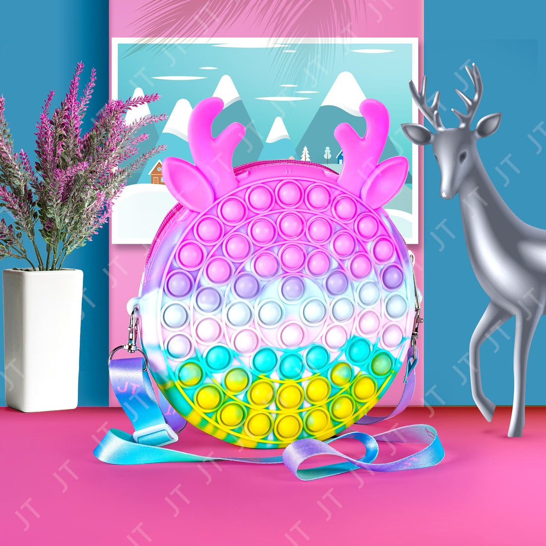 Jucărie antistres silicon Pop It geantă 16 cm – model ren, culori macarons