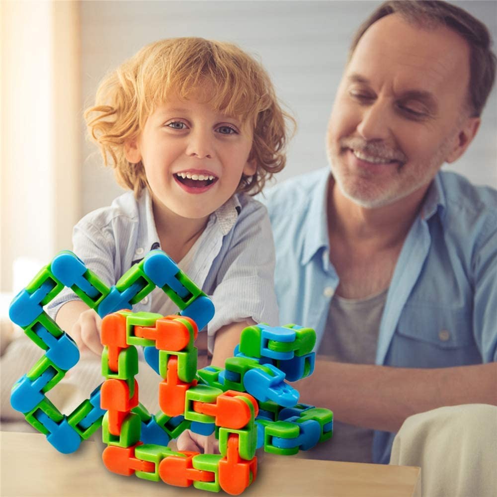 Jucărie senzorială antistres puzzle tip șarpe – fidget toy de îmbinat, 24 piese, portocaliu-albastru