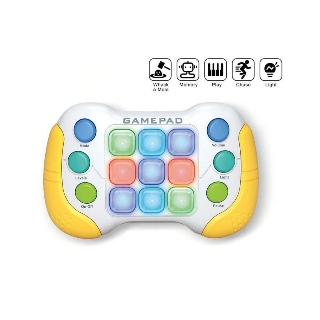 Consolă Pop‑It interactivă cu 6 butoane și 5 moduri de joc – galben/gri