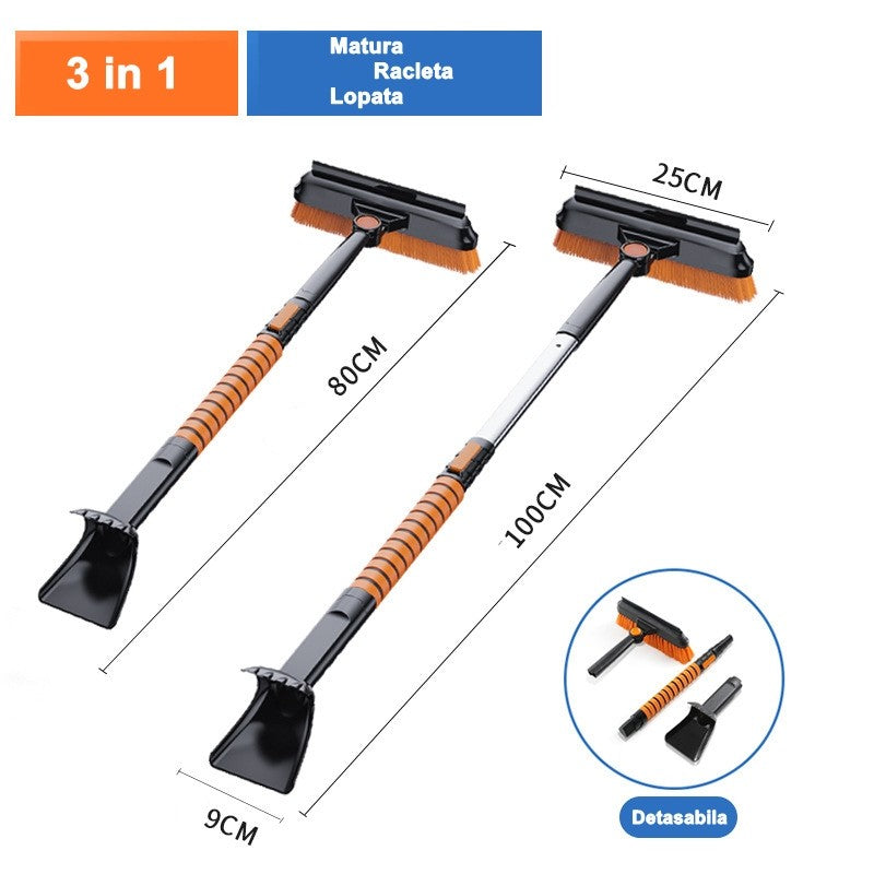 Lopată pentru zăpadă 3 în 1 cu perie, racletă rotativă și mâner telescopic, aluminiu și ABS