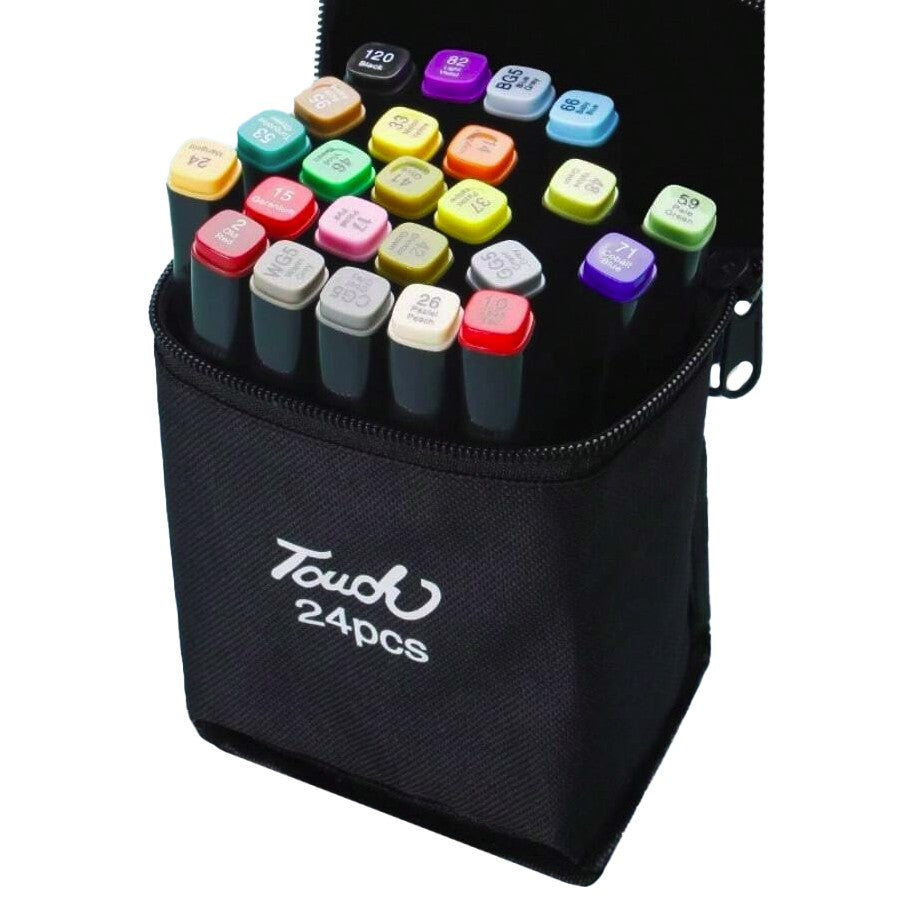 Set 24 Markere cu Alcool Paletă Mare, Capăt Lat și Precise + Geantă – Culori Vibrante