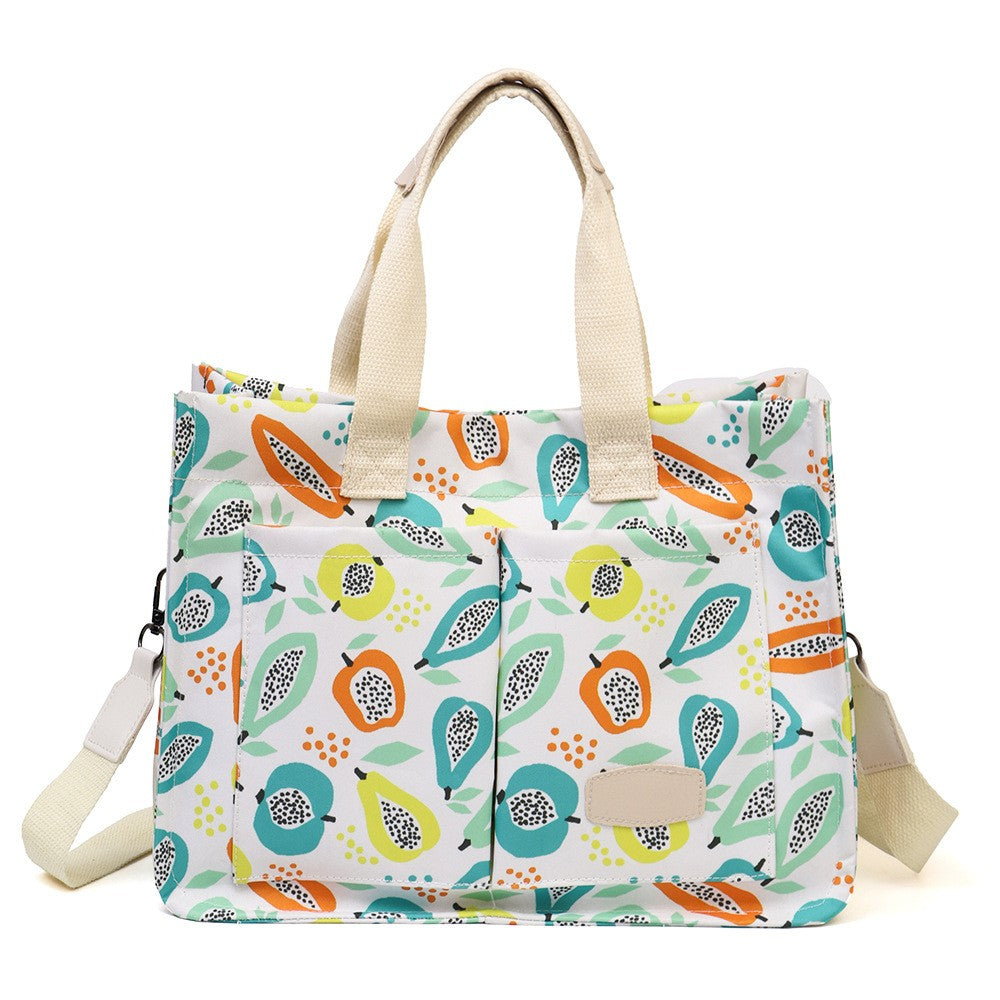 Geantă multifunctională de mână/umăr, imprimeu fructe, 33,5×25×14,5 cm, textil multicolor