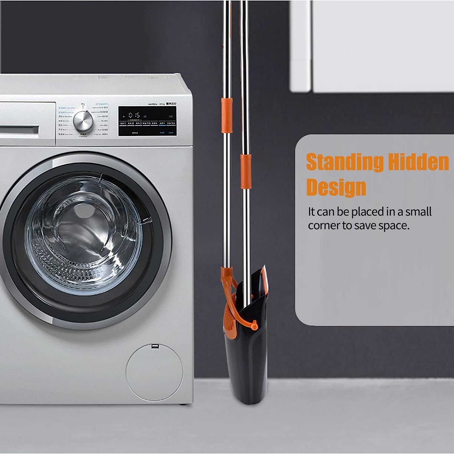 Set mătură și făraș cu coadă – depozitare verticală 83 cm, plastic & oțel, portocaliu-negru