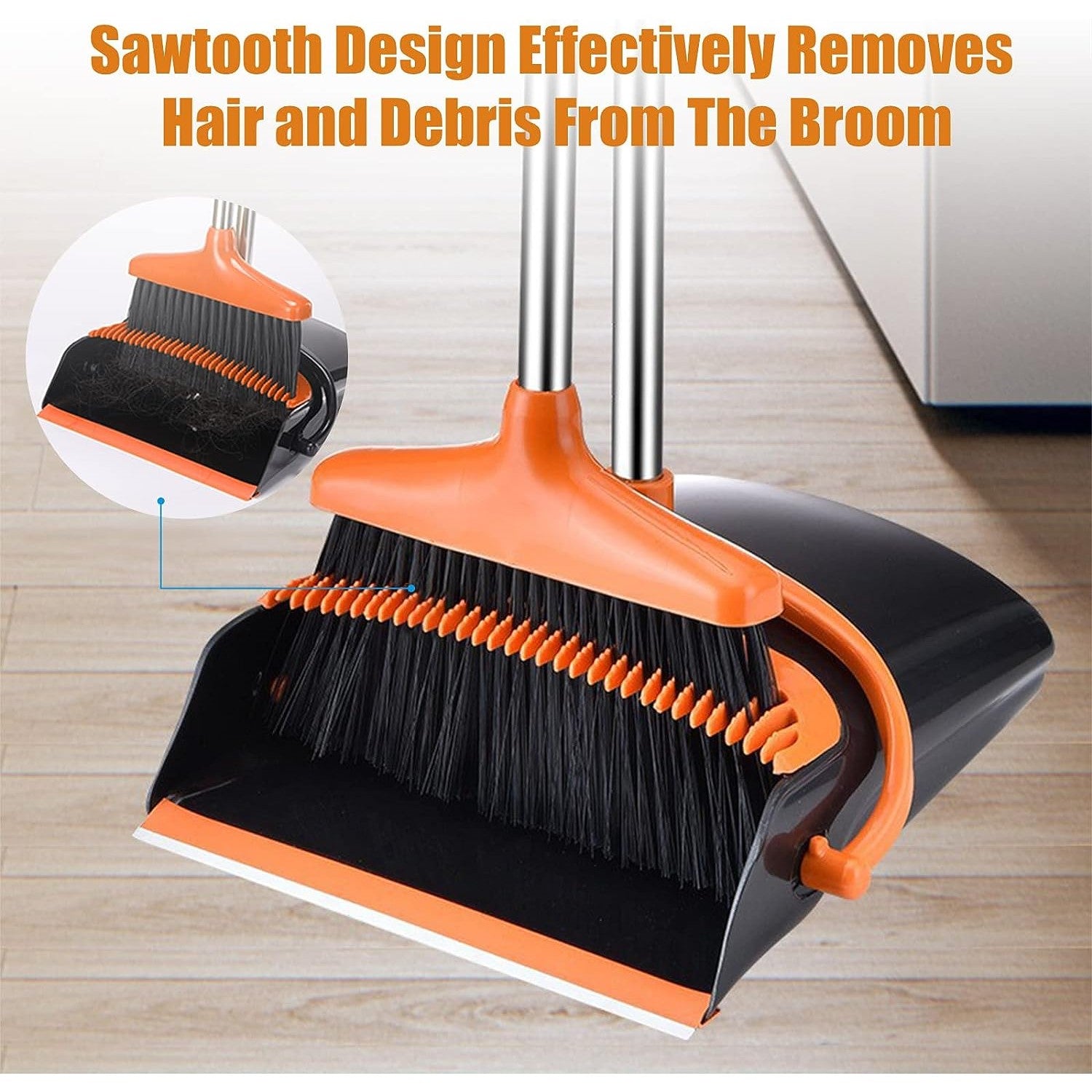 Set mătură și făraș cu coadă – depozitare verticală 83 cm, plastic & oțel, portocaliu-negru