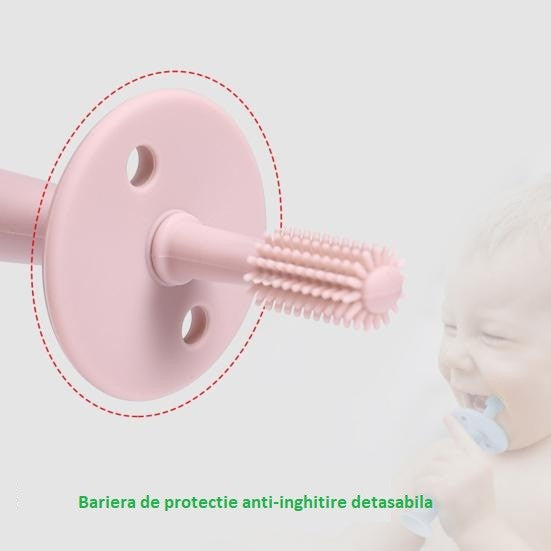 Periuță de dinți silicon pentru bebeluși – 360°, fără BPA, cu barieră anti-înghițire, albastră