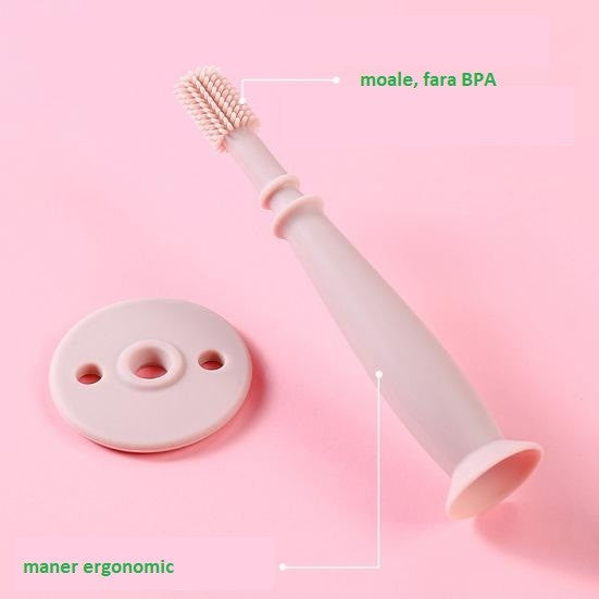 Periuță de dinți silicon pentru bebeluși – 360°, fără BPA, cu barieră anti-înghițire, albastră