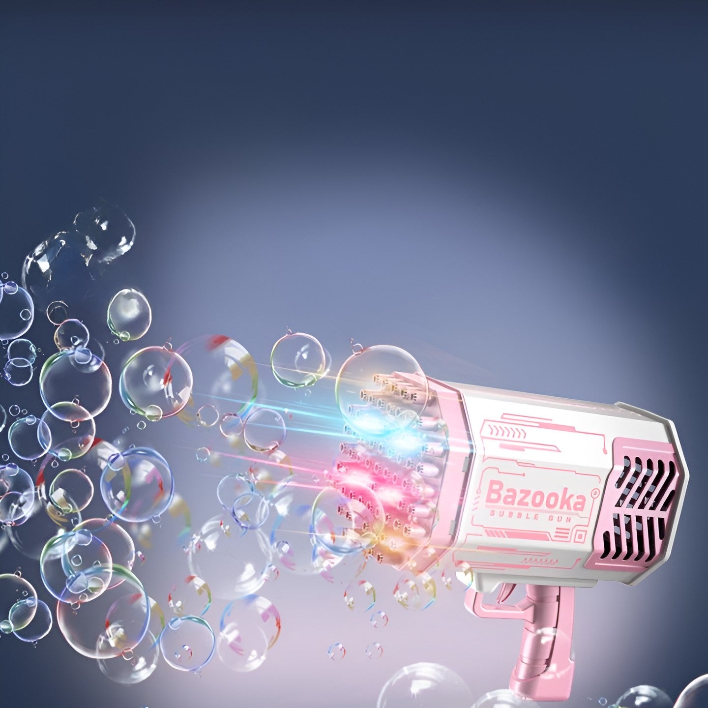 Pistol de bule de săpun cu 69 găuri și lumini colorate – 24 cm, roz