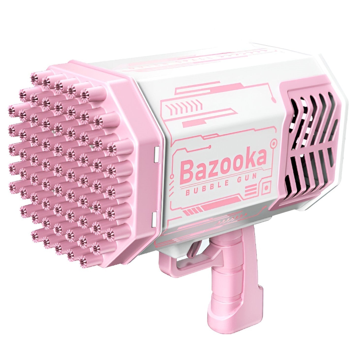 Pistol de bule de săpun cu 69 găuri și lumini colorate – 24 cm, roz