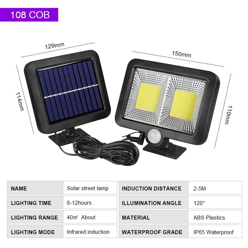 Lampă solară perete 108 COB LED cu senzor mișcare și IP65 – 2400 lm