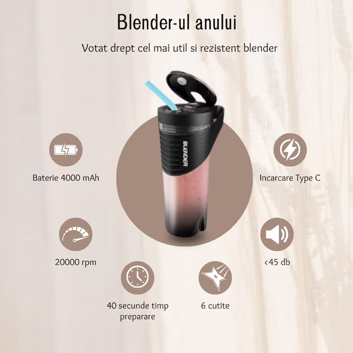 Blender Portabil Mini, 20.000 rpm, Baterie 4000 mAh, Multifunctional, Negru
